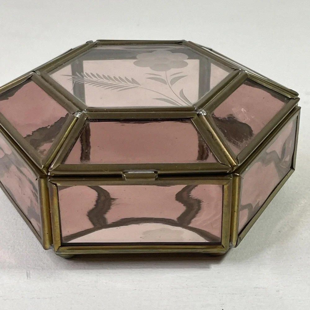 Vintage Purple Glass Jewelry Box Etched Flower Mirrored Brass Base Hexagon